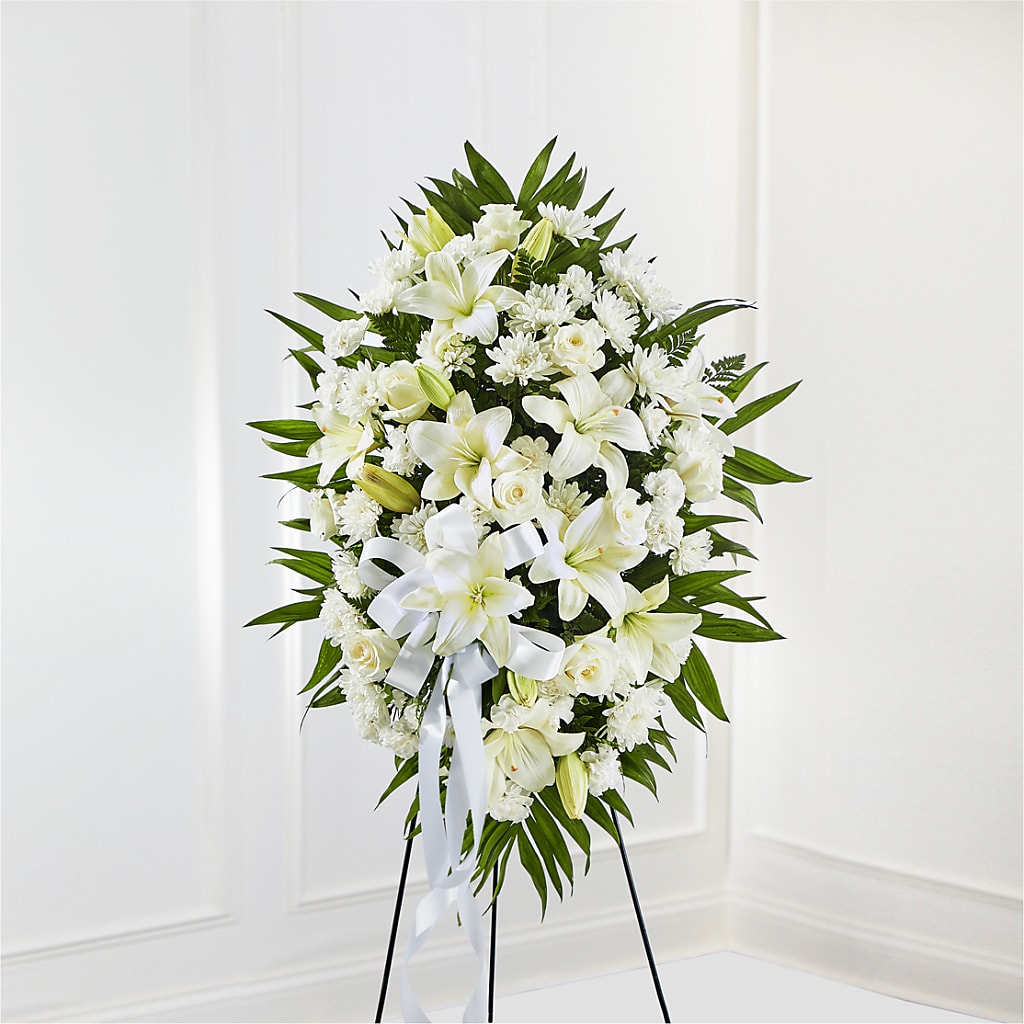 Exquisite Tribute Standing Spray-White Ribbon – Jnblooms Llc, Spring Hill FL